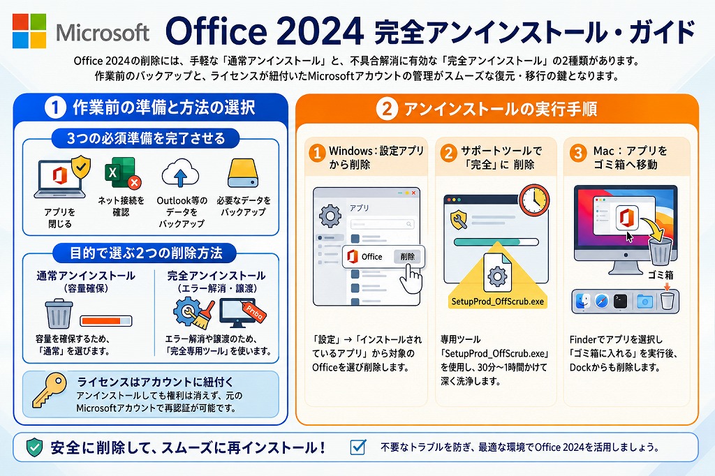 本記事では、WindowsおよびMac環境で Office 2024 をアンインストール・完全に削除する方法を解説しました。