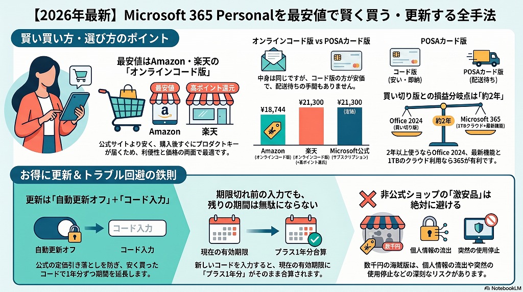 サブスクリプションであるMicrosoft 365 Personalは、毎年コストがかかるからこそ、安全でお得な買い方を選ぶことが重要です。
