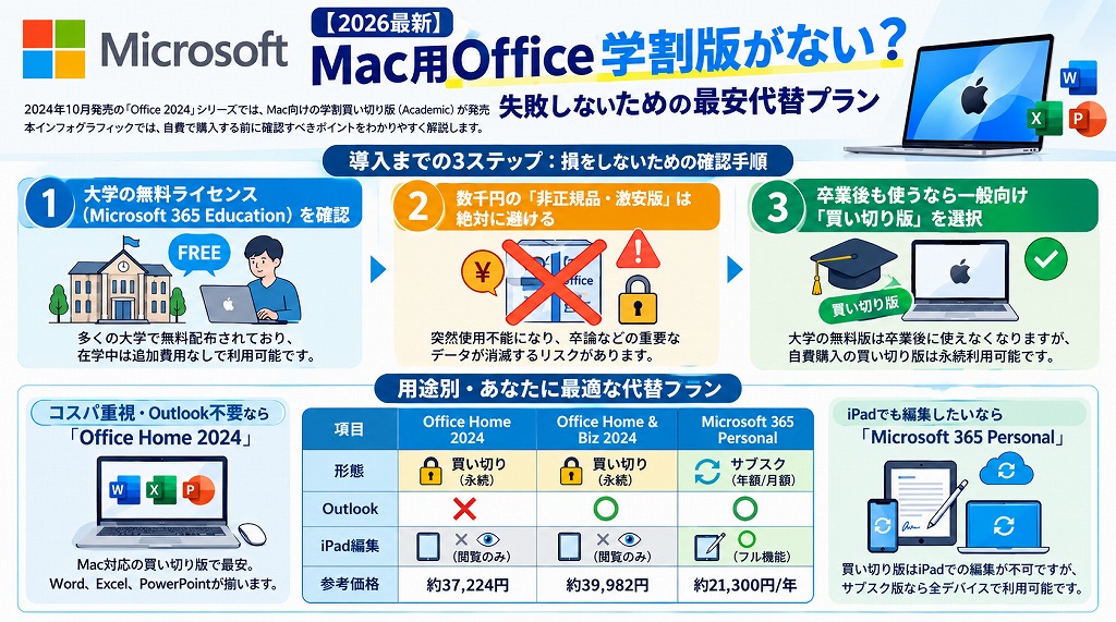 Mac向けの学割買い切り版「Office Academic 2024」は発売されていませんが、一般向けの正規版を選ぶことで、学業や課題作成に必要な環境はすべて揃います。