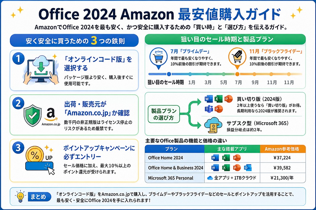 Office 2024は、Amazonの大型セール時に「オンラインコード版」を購入することで、通常よりも大幅に安く導入することができます。