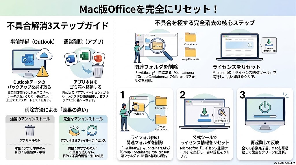 Mac版Officeを完全にアンインストールし、不具合を解消するには、単にアプリをゴミ箱に入れるだけでなく、以下の3ステップが必要です。