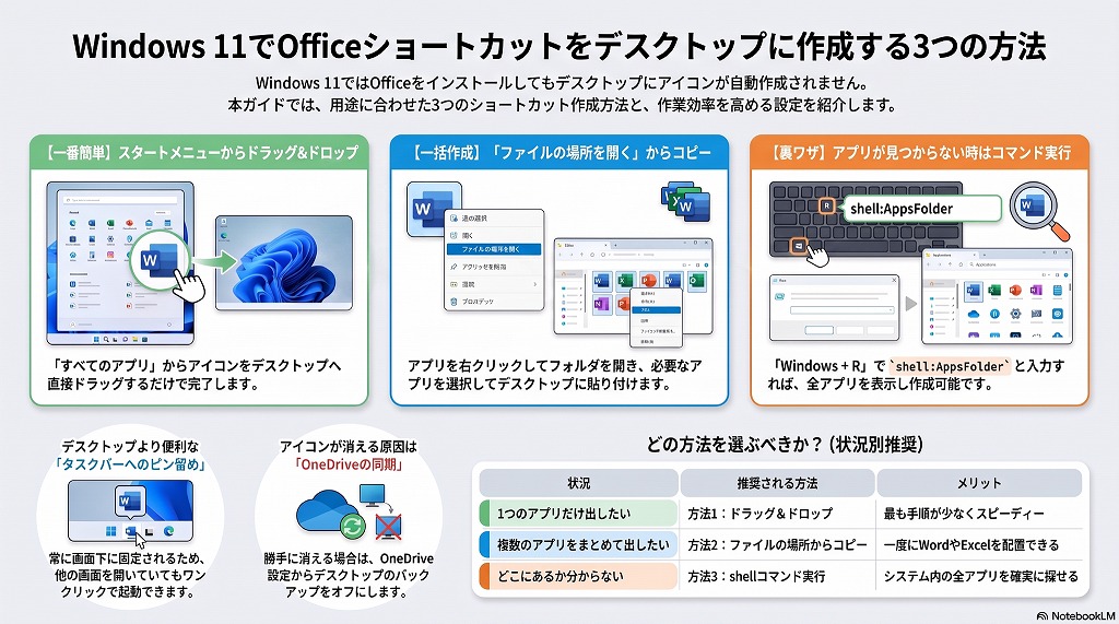 この記事では、Windows 11のデスクトップにOffice 2024およびMicrosoft 365のショートカットアイコンを作成する手順と、おすすめのタスクバー配置方法について解説しました。