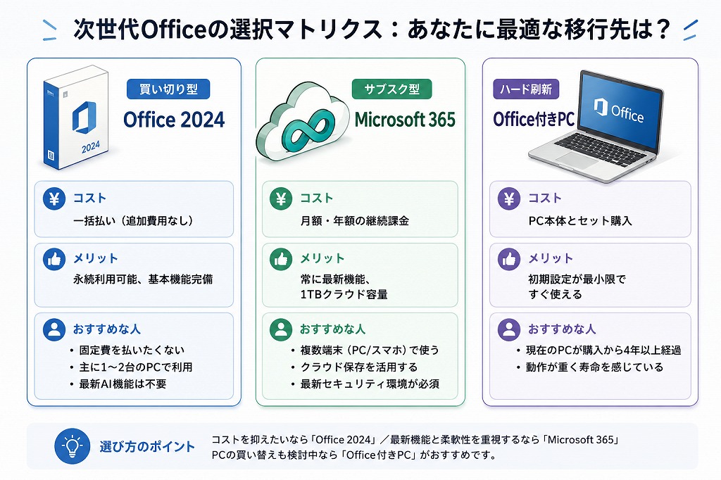 Office 2021のサポート終了を見据えて、新しいOffice環境への移行を検討している方へ、最新の選択肢を3つ紹介します。