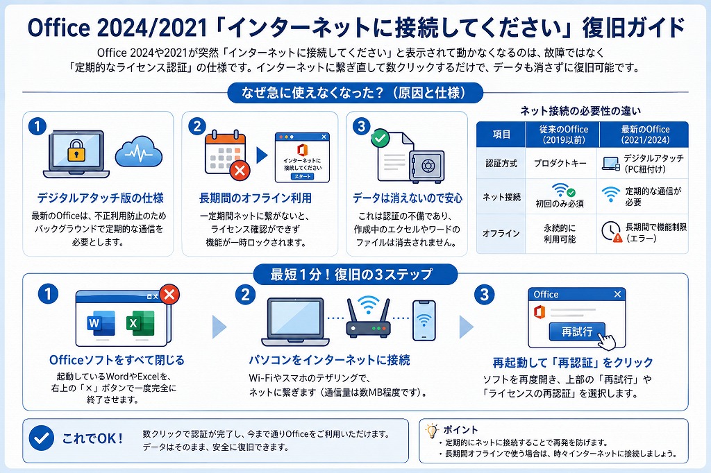 Office 2024 や Office 2021 が突然使えなくなる原因の多くは、デジタルアタッチ版特有の「ライセンス認証エラー」です。データが消えるわけではないため、焦らずにインターネットへ接続し、再認証を行えば数分で解決できます。