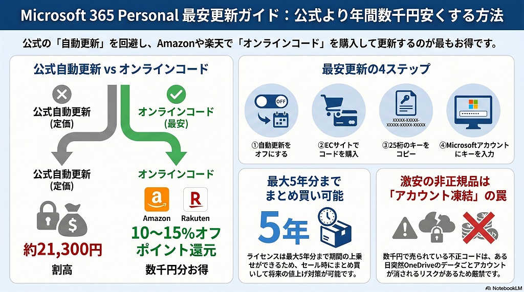 Microsoft 365 Personalのサブスクリプション更新は、Microsoft公式の「自動更新」をそのまま利用すると定価での支払いとなり、結果的に毎年数千円も損をしてしまいます。