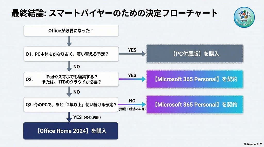 Officeの購入は、利用期間と重視するポイントで正解が変わります。最後にもう一度、あなたに最適なプランを確認しましょう。