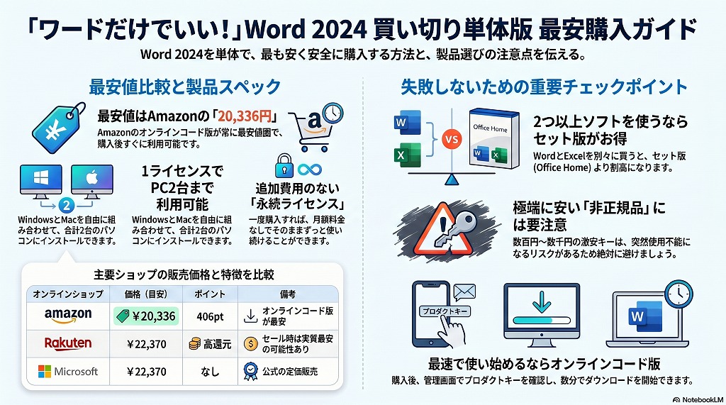 Word 2024 単体版」を最安値で安全に購入する方法や、他のOffice製品との違いについて解説しました。