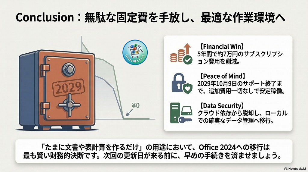常に最新機能が必要な方や大容量クラウドを使う方以外は、買い切り版の「Office 2024」へ乗り換えることで、数年間で数万円単位の節約が可能です。