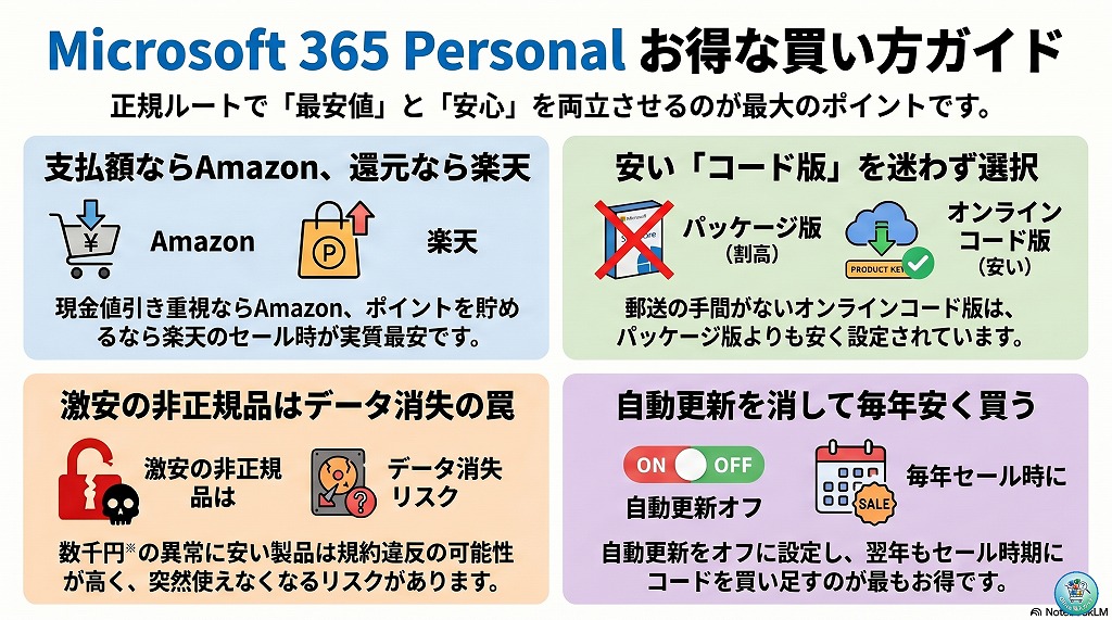Microsoft 365 Personalは、購入先やセールのタイミングによって数千円単位でお得さが変わります。