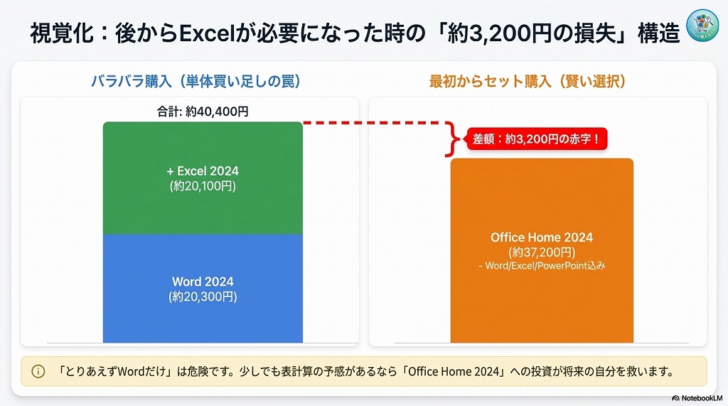 後からExcelを買い足した場合の価格比較