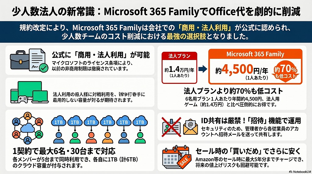 Microsoft 365 Familyは、公式規約で「商用・法人利用」が認められている非常にコストパフォーマンスの高いプランです。