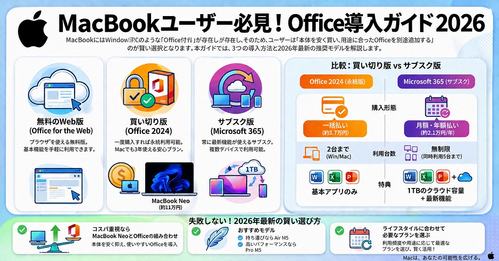 MacBookにはOfficeが付属していないため、ご自身の用途に合わせて「Mac本体」と「Officeソフト」を個別に組み合わせるのが鉄則です。