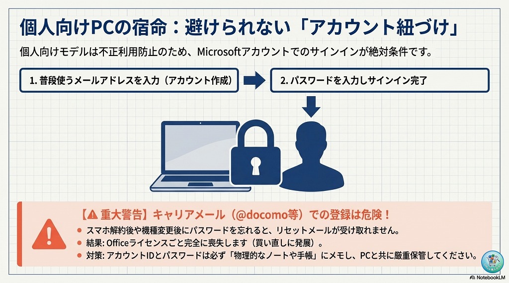 家電量販店やネット通販などで購入した個人向けパソコンに搭載されているOffice 2024の場合、Microsoftアカウントでのサインインが必須となります。スキップすることはできません。