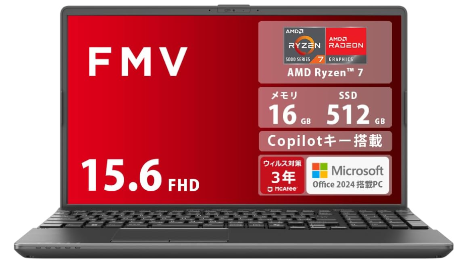 FMV ノートパソコン Note A WA1-L1 (MS 365 Personal/Copilotキー搭載/Win 11/15.6型/AMD Ryzen 7/16GB/SSD 512GB/スーパーマルチドライブ) FMVWL1A175