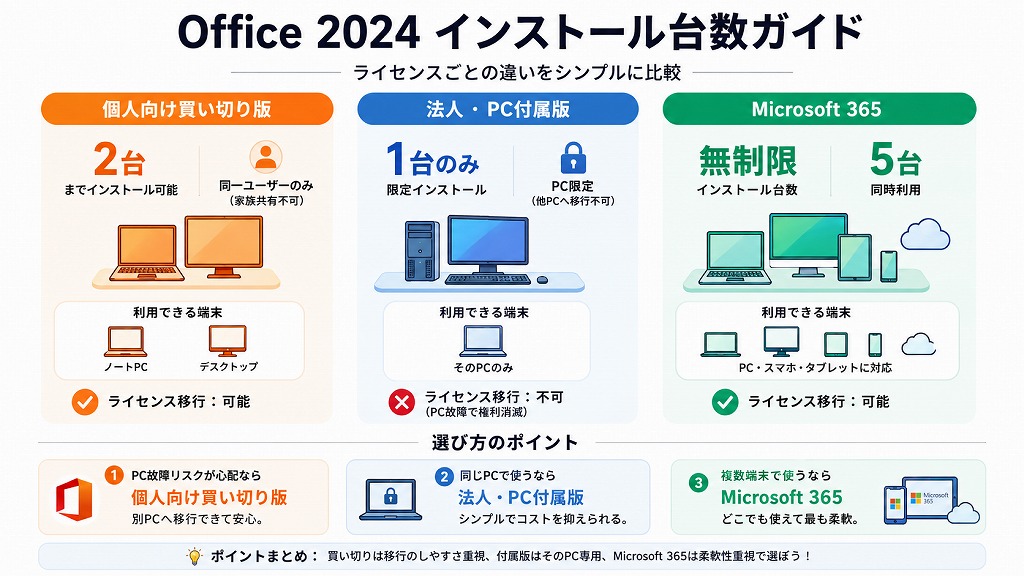 Office 2024 は何台までインストールできるの？【法人・個人・プリ