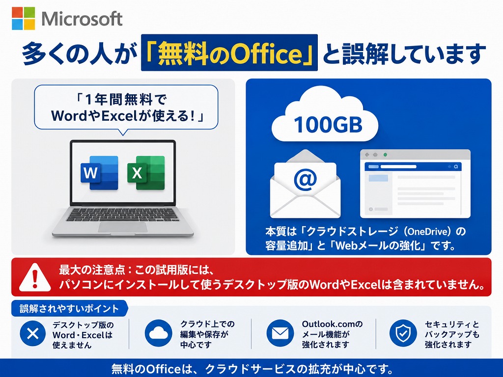 Microsoft 365 Basic 12ヶ月試用版とは、主にOfficeが搭載された一部のパソコンに付属している、1年間無料で利用できるクラウドサービスの体験プランです。