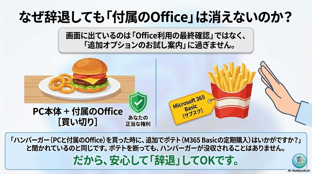 結論：辞退しても付属のOfficeは消えません