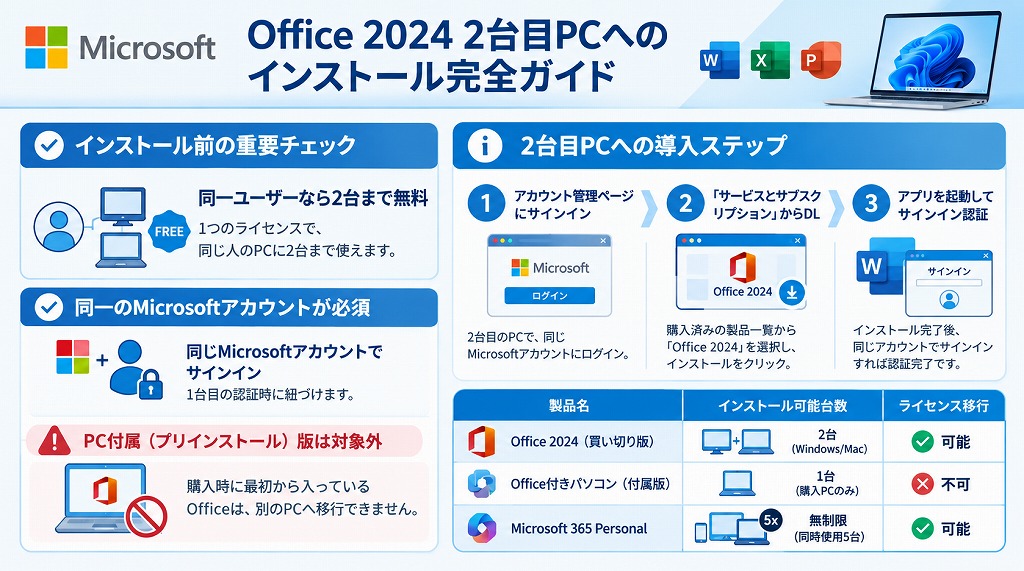Office 2024は、同一ユーザーが使用する範囲であれば、追加コストをかけることなく2台目のPCにセットアップできます。