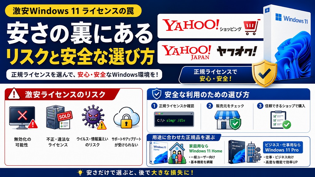 ヤフオクやYahoo!ショッピングで販売されている数百円の激安Windows 11ライセンスは、規約違反の非正規品であるリスクが極めて高いのが実態です。