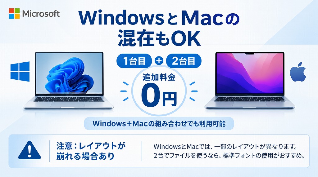 「1台目はWindows、2台目はMac」という組み合わせでも追加料金なしでインストールできるのは、最新のOffice 2024（Home / Home & Business）の非常に大きなメリットです。
