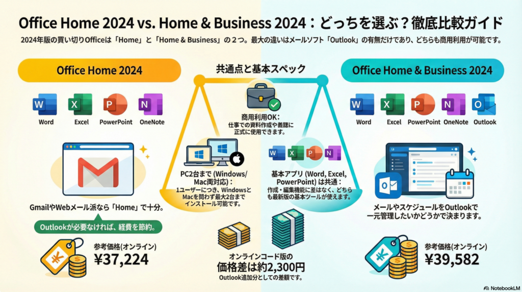 「 Office Home 2024 」と「 Office Home & Business 2024 」 の大きな違いは、メールソフト「 Outlook 」の有無です。