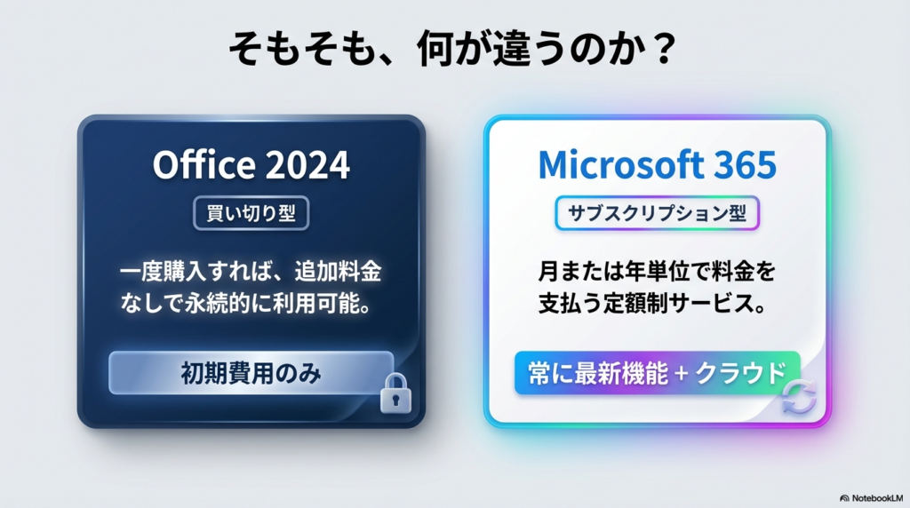 PCへオフィスをインストールするには、「買い切り型の Office 2024 」または「サブスクの Microsoft 365 」のどちらかを選択します。