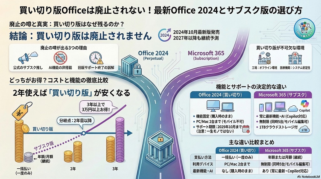 現時点において、Officeの買い切り版（永続ライセンス）が廃止される予定はありません。 最新のOffice 2024も販売されており、当面は安心して利用できます。