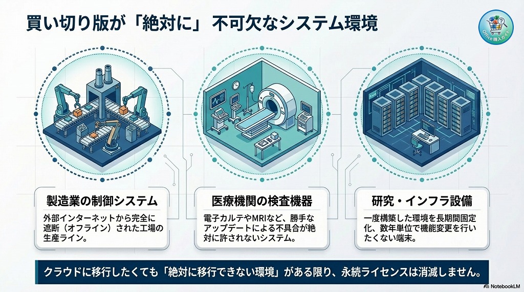 マイクロソフトが買い切り版を廃止できない最大の理由は、「クラウド（サブスク版）に移行したくても、絶対に移行できない環境」が世界中に数多く存在するためです。