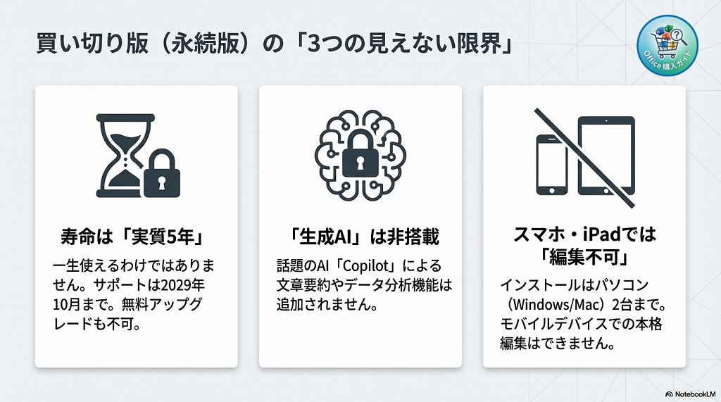 「移動中にiPadで少しだけ資料を修正したい」といった使い方を想定している場合は、買い切り版ではなく、あらゆるデバイスで無制限にインストールできる「Microsoft 365」を選びましょう。