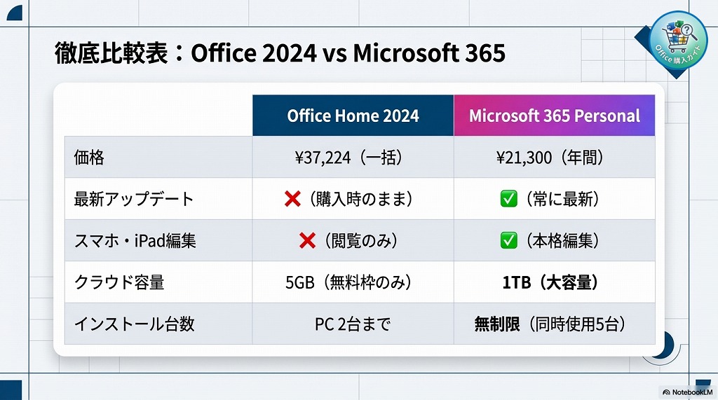 買い切り型 Office 2024 とサブスク型 Microsoft 365 の主な違いは、次の通りです。