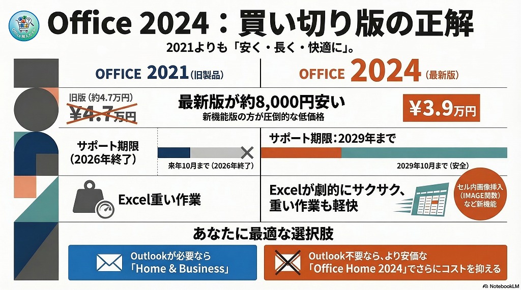 最新の買い切り版「Office Home & Business 2024」は、旧製品の2021よりも価格が安く、サポート期間も長いため、今購入するなら間違いなく2024がおすすめです。