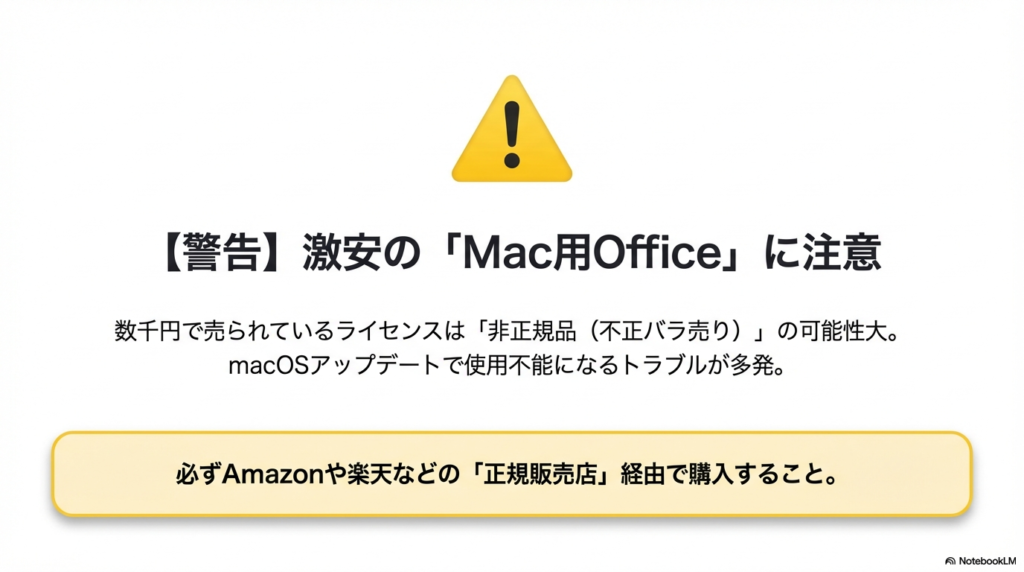 非正規版オフィスに注意
非正規販売店やオンラインストアでは、海賊版（正規ライセンスでないOfficeソフト）が販売されていることがあるため注意してください。