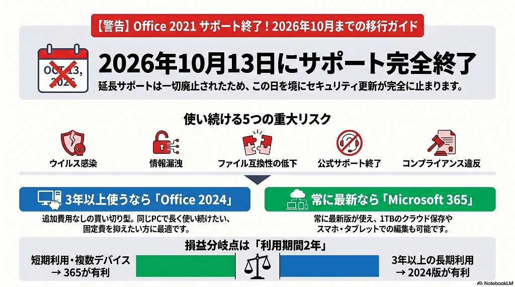 買い切り版「Office 2021」のサポートは、2026年10月13日に完全終了します。延長サポートは存在せず、そのまま使い続けるとウイルス感染や情報漏洩といった重大なリスクを抱えることになります。