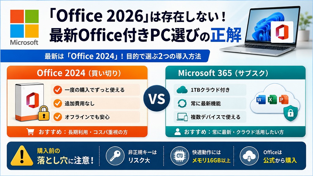 2026年現在「Office 2026」は存在しないため、最新のOffice環境を手に入れたい方は「Office 2024搭載モデル」や「Microsoft 365 Personal (24か月版)付属モデル」を選びましょう。