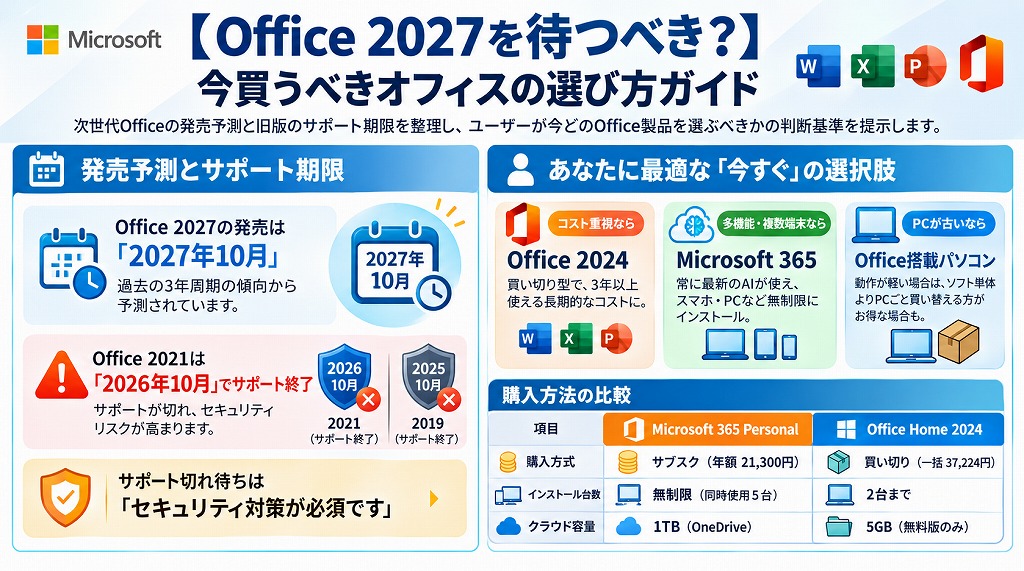 次期バージョン「Office 2027」の発売日は2027年10月頃と予測される。
