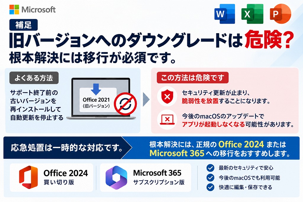 【補足】旧バージョンへのダウングレードは危険？根本解決には移行が必須