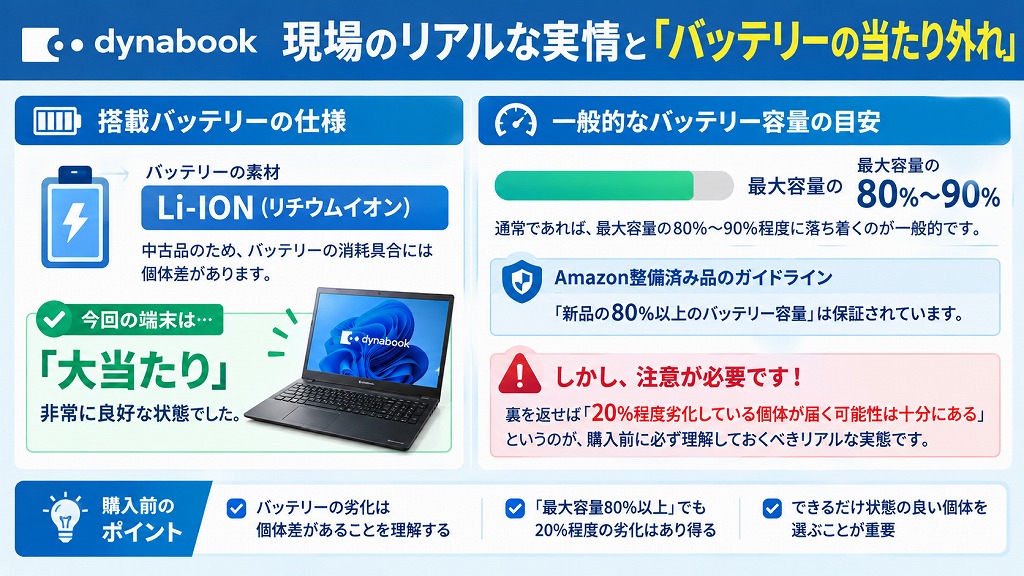 中古パソコンを購入する際、最も気になるのがバッテリーの劣化です。今回購入した「dynabook B55/HS」について、Windows標準の「Battery report」機能を使用して内部状態を検証しました。